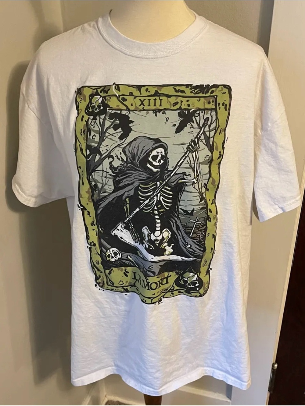Threadless White Tee with Black & Olive-Green Skeleton Tarot Graphic